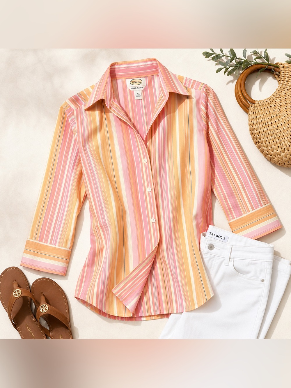 Talbots Pink Orange Stripe Cotton Wrinkle Resistant Button Front Shirt Size 4